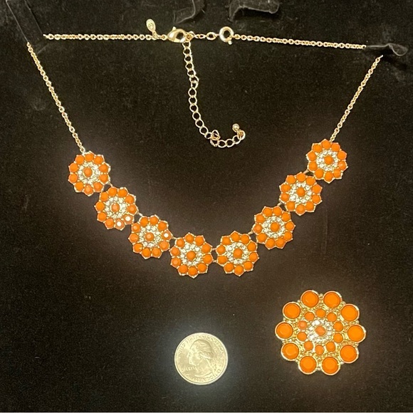 Orange Floral Statement Necklace & Broach Set - Picture 2 of 3